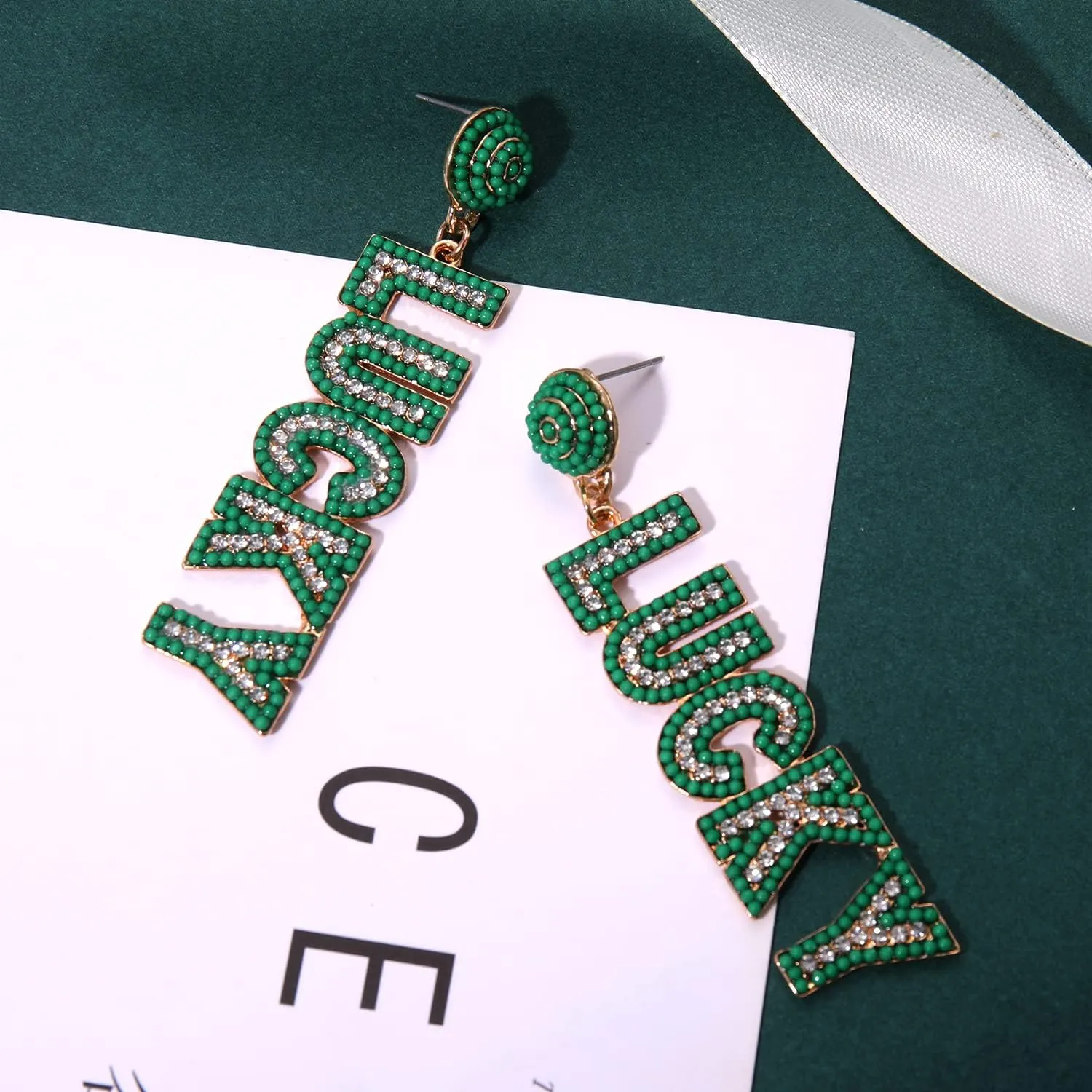 ANGLESJELL St.Patricks Day Earrings Green Shamrock Earring for Women Glitter Rhinestone Letter LUCKY Earrings Irish Holiday Jewelry Gifts