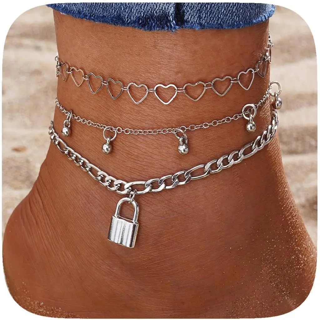 Ankle Bracelets for Women Gold Plated Anklets Layered Charm Waterproof Ankle Bracelets Set Jewelry Gift for Girls