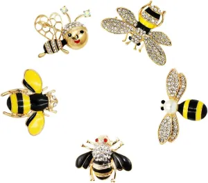 Apol Set of 5 Fashion Enamel Crystal Rhinestones Bee Themed Brooch Pin for Clothes Dress Scarf Decoration