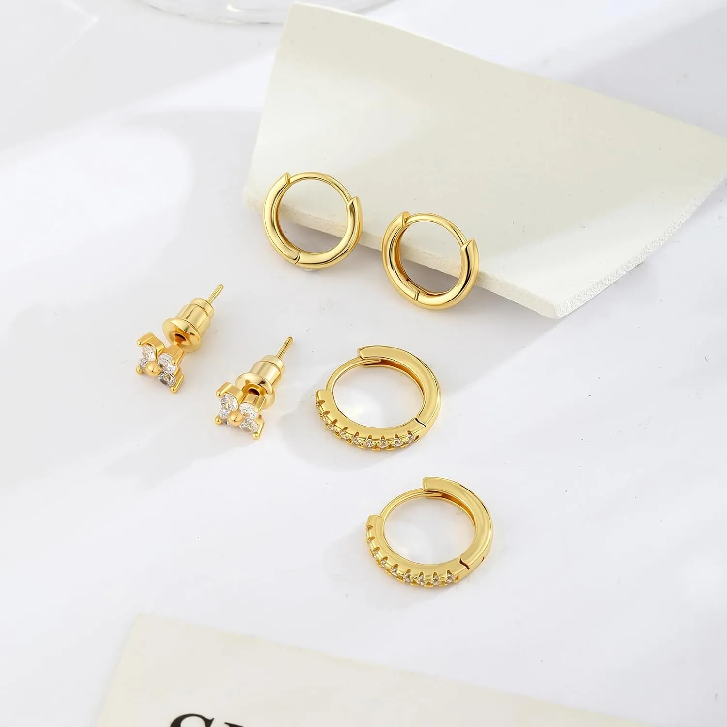 ASCOMY Gold Earrings for Women Dainty Hoop Earrings Set 14K Gold/Silver Plated 3 Pairs Huggie Hoops Cubic Zirconia Earring CZ Stud Chunky Open Hoop Earring Trendy Jewelry Gifts for Women