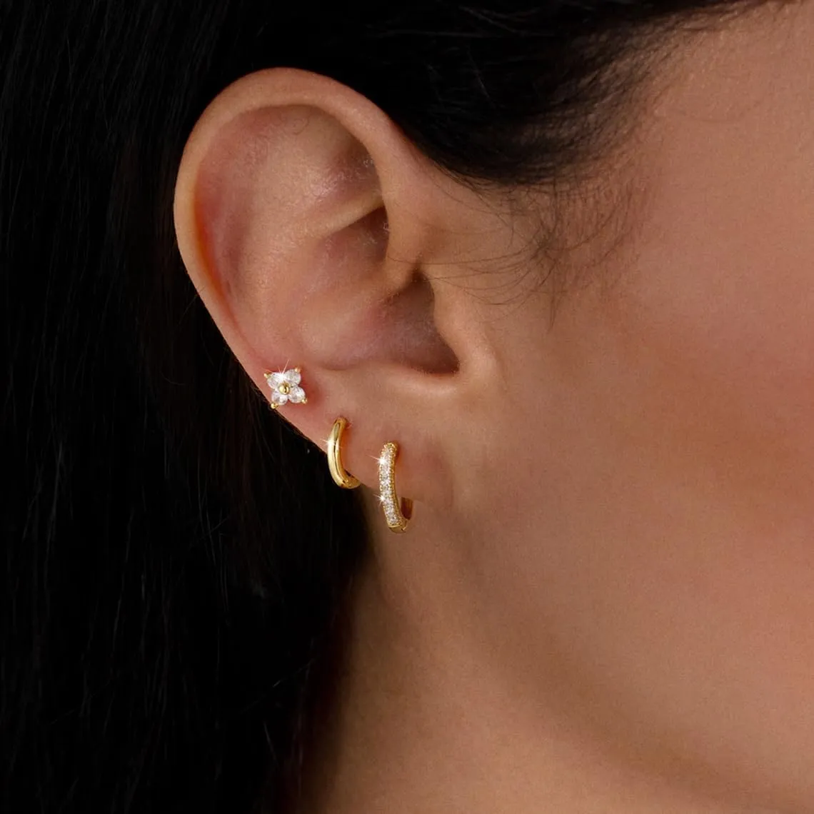 ASCOMY Gold Earrings for Women Dainty Hoop Earrings Set 14K Gold/Silver Plated 3 Pairs Huggie Hoops Cubic Zirconia Earring CZ Stud Chunky Open Hoop Earring Trendy Jewelry Gifts for Women