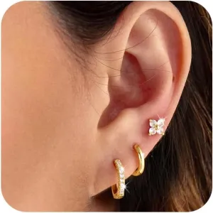 ASCOMY Gold Earrings for Women Dainty Hoop Earrings Set 14K Gold/Silver Plated 3 Pairs Huggie Hoops Cubic Zirconia Earring CZ Stud Chunky Open Hoop Earring Trendy Jewelry Gifts for Women