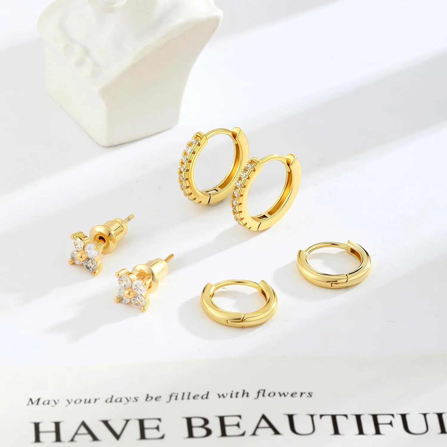ASCOMY Gold Earrings for Women Dainty Hoop Earrings Set 14K Gold/Silver Plated 3 Pairs Huggie Hoops Cubic Zirconia Earring CZ Stud Chunky Open Hoop Earring Trendy Jewelry Gifts for Women