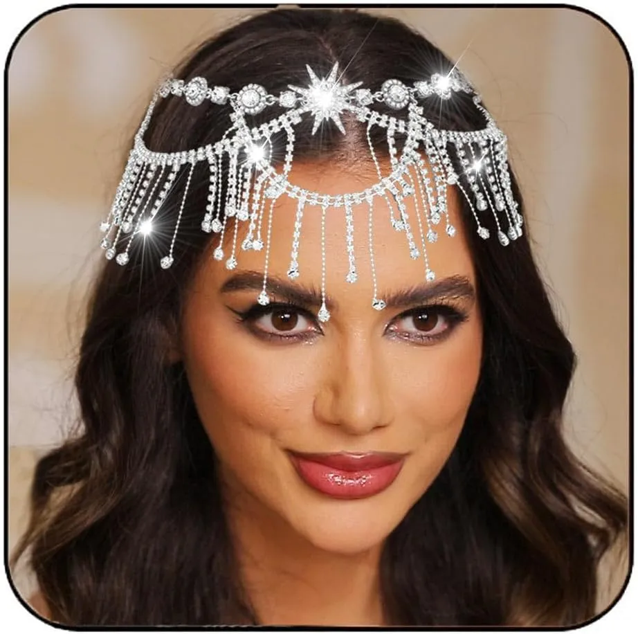Aukmla Crystal Head Chain Jewelry Silver Rhinestones Star Headpiece Prom Wedding Headband Hair Accessories for Women