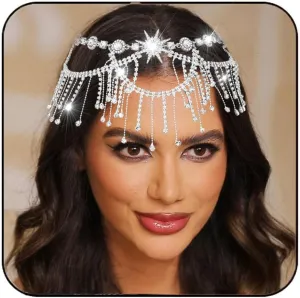 Aukmla Crystal Head Chain Jewelry Silver Rhinestones Star Headpiece Prom Wedding Headband Hair Accessories for Women