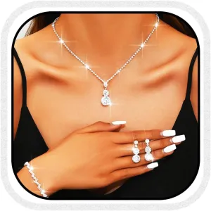 Aukmla Rhinestones Bridal Wedding Jewelry Set Silver Sparkly Crystal Necklace Earrings Bracelet Sets Prom Jewelry for Women and Brides