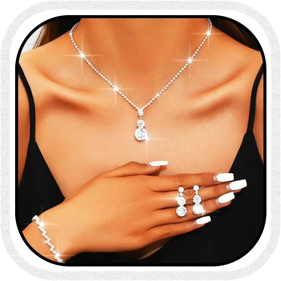 Aukmla Rhinestones Bridal Wedding Jewelry Set Silver Sparkly Crystal Necklace Earrings Bracelet Sets Prom Jewelry for Women and Brides