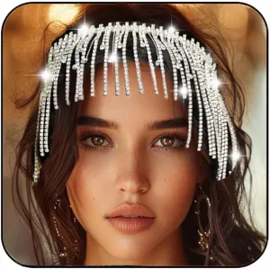 Aukmla Rhinestones Headband Silver Crystal Wedding Head Chain Jewelry Prom Bridal Forehead Headpiece Hair Band for Women