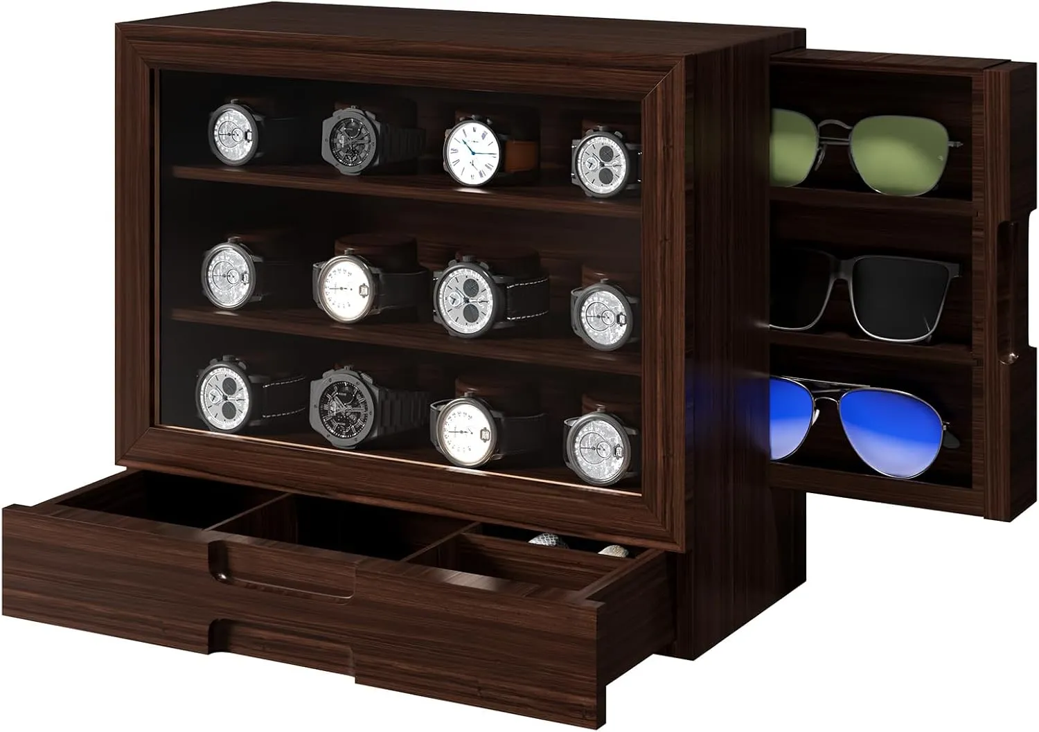 AUTOARK Wooden Watch Sunglass Display Case,12 Watch Box with Jewelry Drawer,Watch Eyeglass Holder with Window,Vertical Storage,Gift Idea,Walnut,AW-185