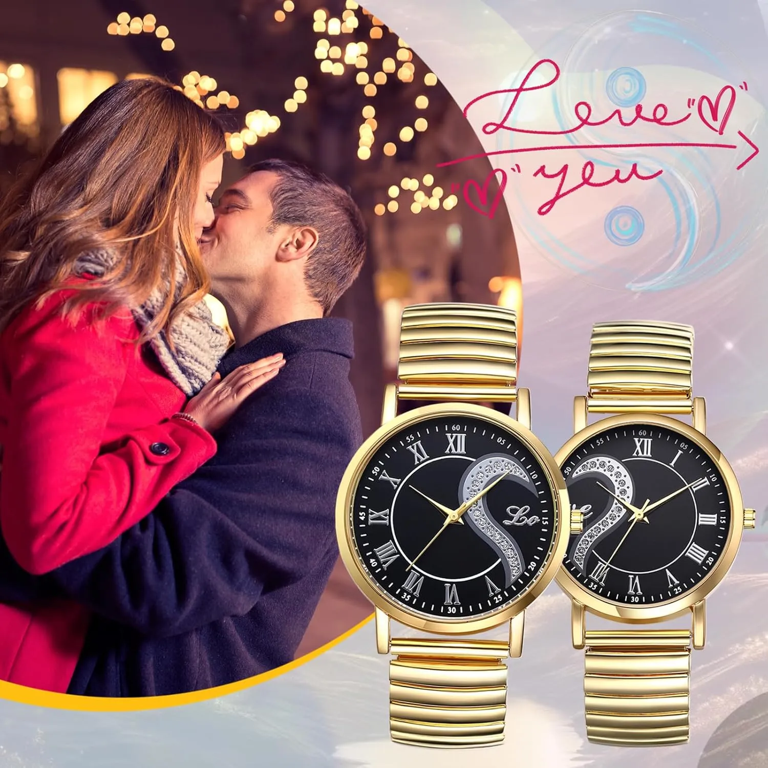 Avaner Elastic Strap Couple Watches: Stretch Band His and Her Analog Quartz Stainless Steel Bangle Wrist Watches for Men Women