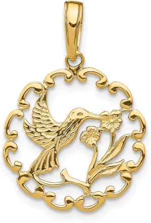 Avariah Solid 10K Yellow Gold Hummingbird w/Flower in Frame Pendant - 23mm