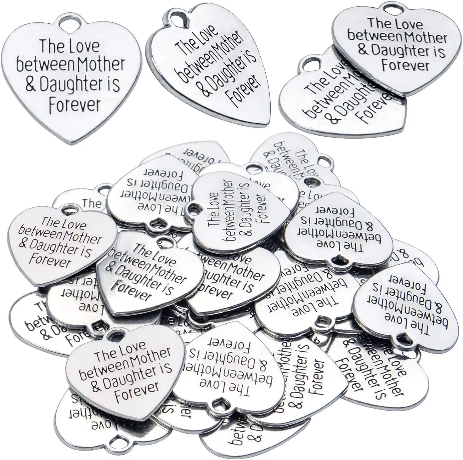 Aylifu 30pcs Heart-shaped Charms with Message 'The Love Between Mother & Daughter is Forever' Crafts Supplies Jewelry Findings for Bracelet Necklace Keychain Pendants