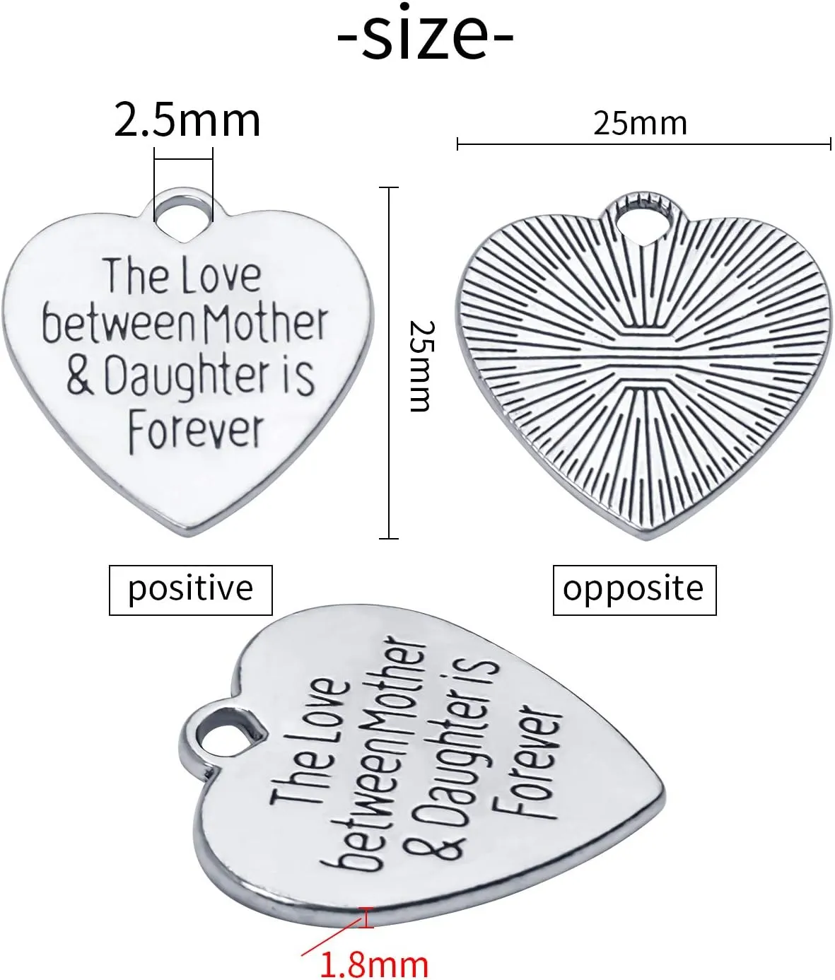 Aylifu 30pcs Heart-shaped Charms with Message 'The Love Between Mother & Daughter is Forever' Crafts Supplies Jewelry Findings for Bracelet Necklace Keychain Pendants