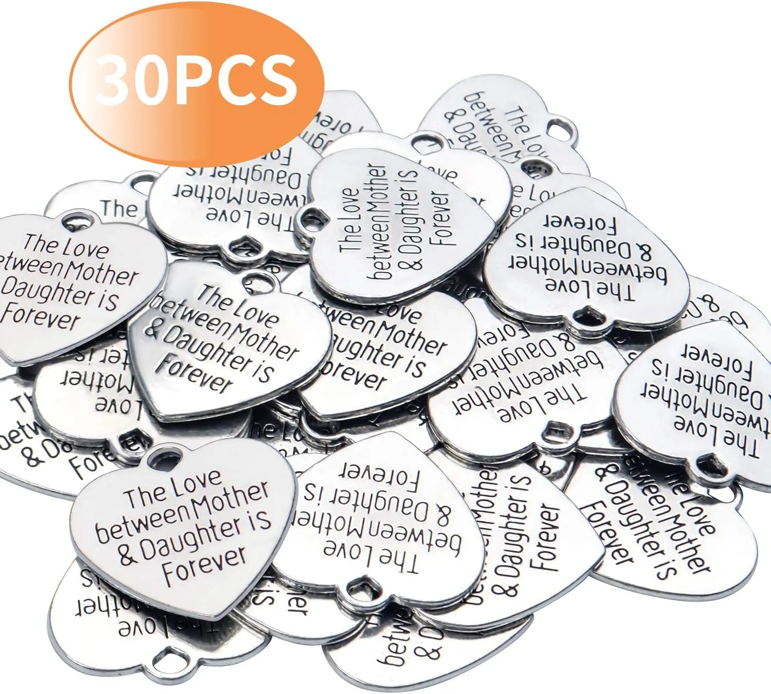 Aylifu 30pcs Heart-shaped Charms with Message 'The Love Between Mother & Daughter is Forever' Crafts Supplies Jewelry Findings for Bracelet Necklace Keychain Pendants