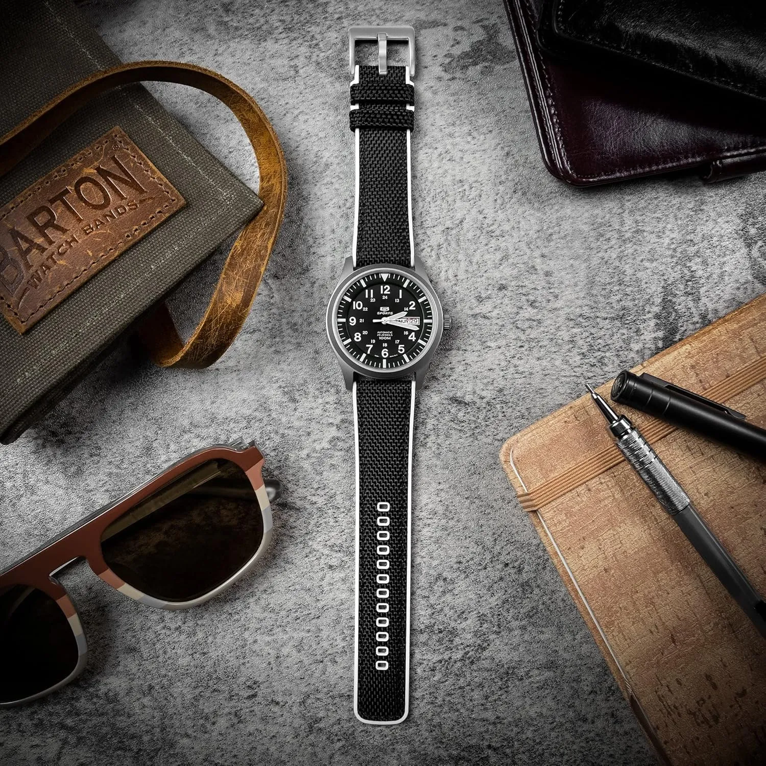 BARTON WATCH BANDS with Integrated quick release spring bars - Hybrid Silicone - Cordura Fabric, Water-Resistant Leather and Silicone Hybrid Watch Bands - Choice of Color & Width (18mm, 20mm, 22mm)