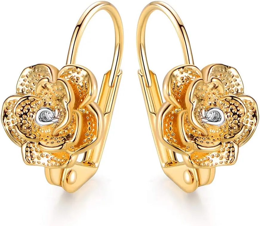 Barzel 18k Gold Plated Flower Earring For Women, Leverback Closure - Made in Brazil