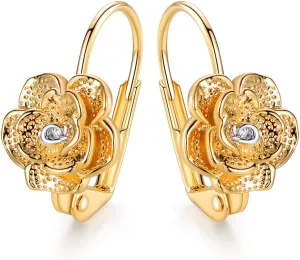Barzel 18k Gold Plated Flower Earring For Women, Leverback Closure - Made in Brazil