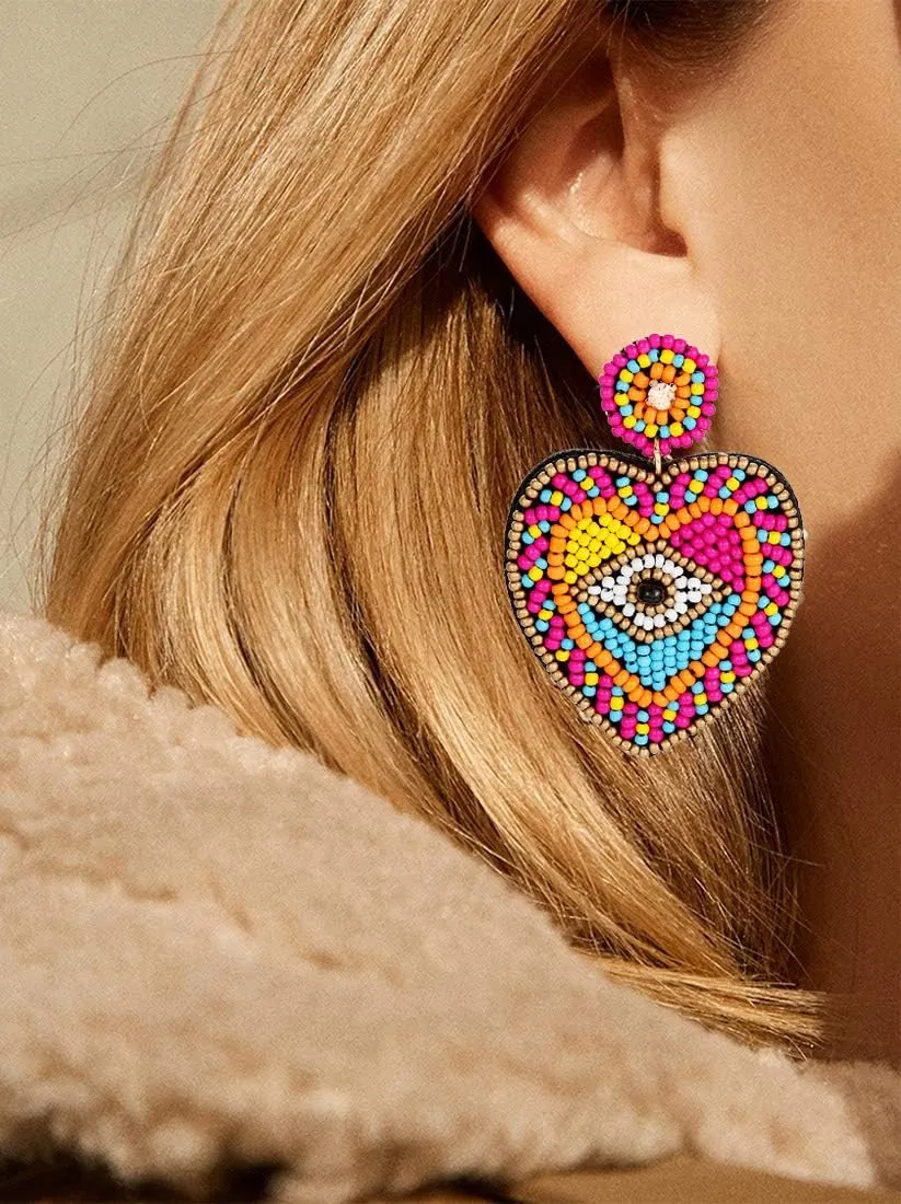 Bead Earrings for Women Statement Multicolored Evil Eye Drop Dangle Earrings Handmade Bohemia Beaded Round Heart Earrings