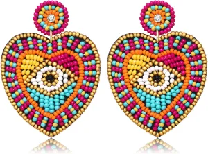 Bead Earrings for Women Statement Multicolored Evil Eye Drop Dangle Earrings Handmade Bohemia Beaded Round Heart Earrings