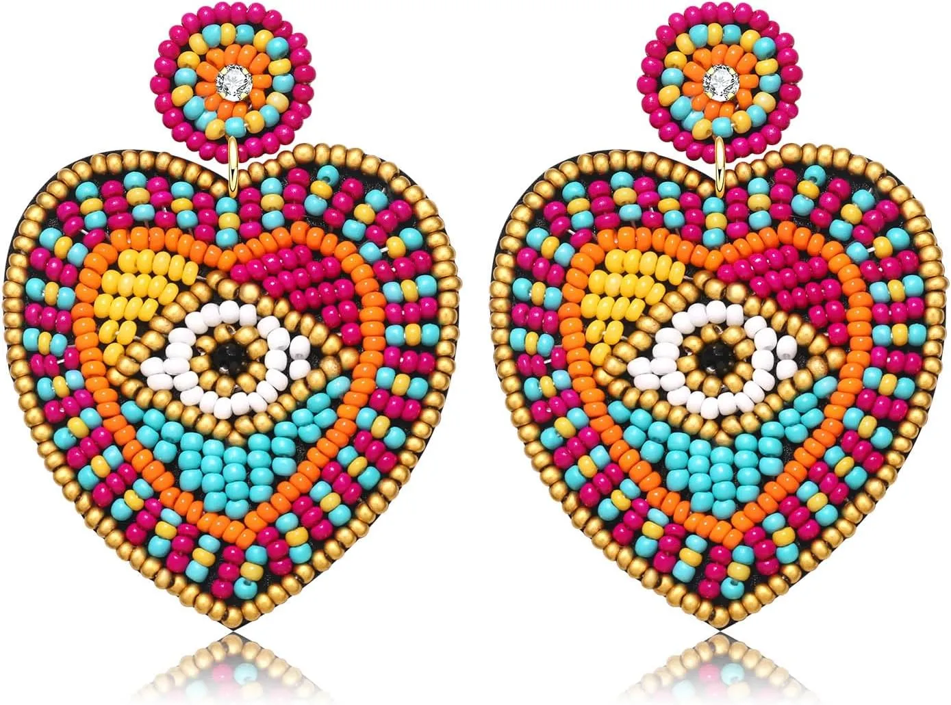 Bead Earrings for Women Statement Multicolored Evil Eye Drop Dangle Earrings Handmade Bohemia Beaded Round Heart Earrings