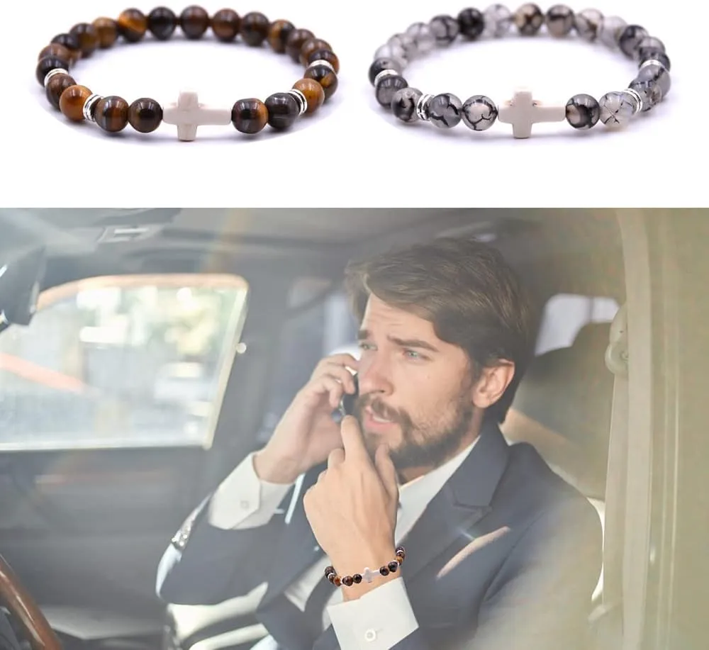 Beaded Bracelets Cross Bracelet for Women Men Lava Rock Turquoise Tiger Eye Natural Bracelet Anxiety Healing