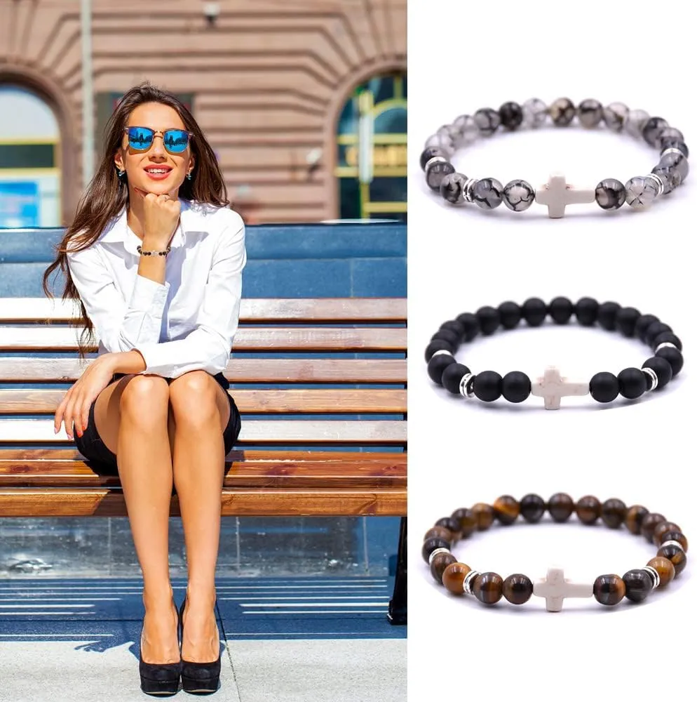 Beaded Bracelets Cross Bracelet for Women Men Lava Rock Turquoise Tiger Eye Natural Bracelet Anxiety Healing