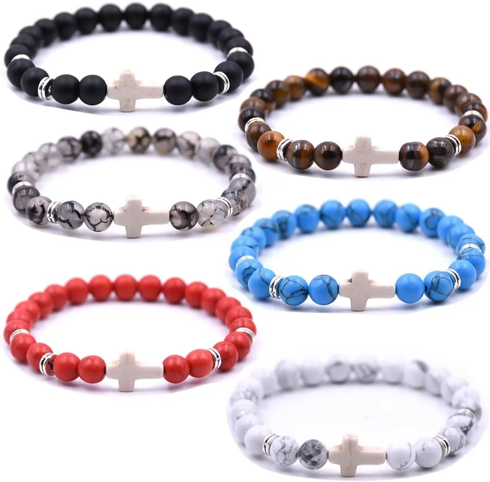 Beaded Bracelets Cross Bracelet for Women Men Lava Rock Turquoise Tiger Eye Natural Bracelet Anxiety Healing