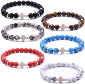 Beaded Bracelets Cross Bracelet for Women Men Lava Rock Turquoise Tiger Eye Natural Bracelet Anxiety Healing