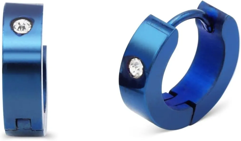 BEBERLINI Huggie Hoop Earrings with Cubic Zirconia Stone Stainless Steel Fashion Jewelry Fancy Blue Hoop Earring Men Women