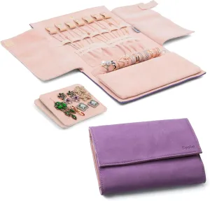Becko US Jewelry Organizer Roll Travel Jewel Bag case for Multiple Necklaces, Rings, Bracelets, Supple Leather & Suede, Large Capacity Without Crease, Lightweight, Portable & Practical (Purple)