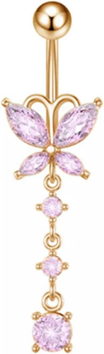 Belly Button Rings for Women Dangle Belly Button Rings 14G 316L Stainless Steel Butterfly Belly Rings Cubic Zirconia Butterfly Dangle Navel Rings Dangle Belly Button Rings Body Piercing Statement Jewelry