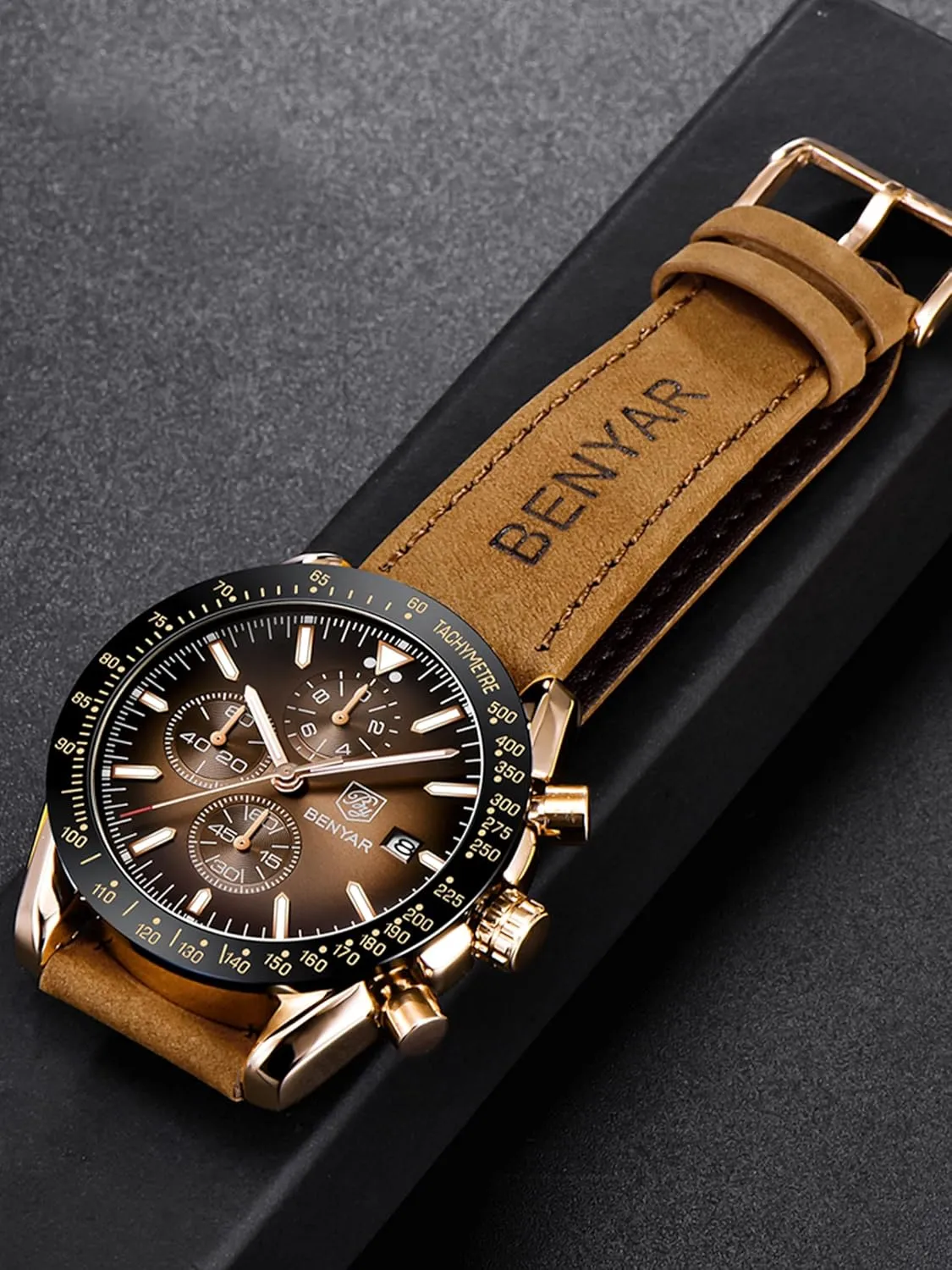 BENYAR Mens Watches Quartz Movement Chronograph Leather Strap Fashion Business Sport Design 30M Waterproof Scratch Resistant Elegant Gifts for Men