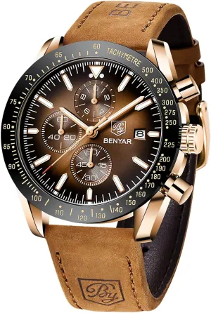BENYAR Mens Watches Quartz Movement Chronograph Leather Strap Fashion Business Sport Design 30M Waterproof Scratch Resistant Elegant Gifts for Men
