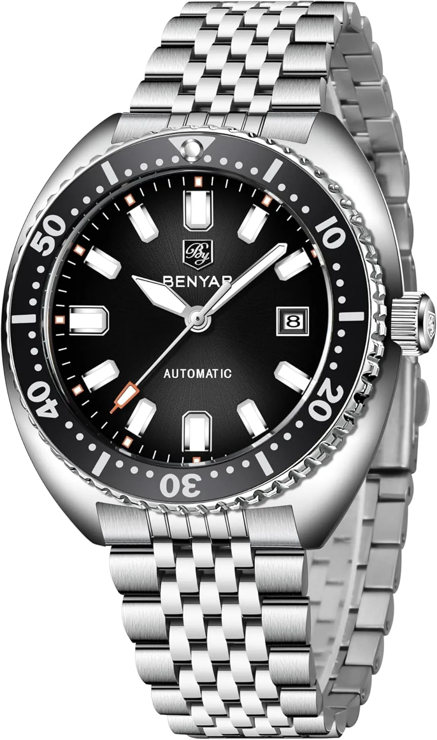 Benyar Watches Men Stainless Steel Strap Mechanical Watch 50M Waterproof Calendar Luminous Business Mens Automatic Watch