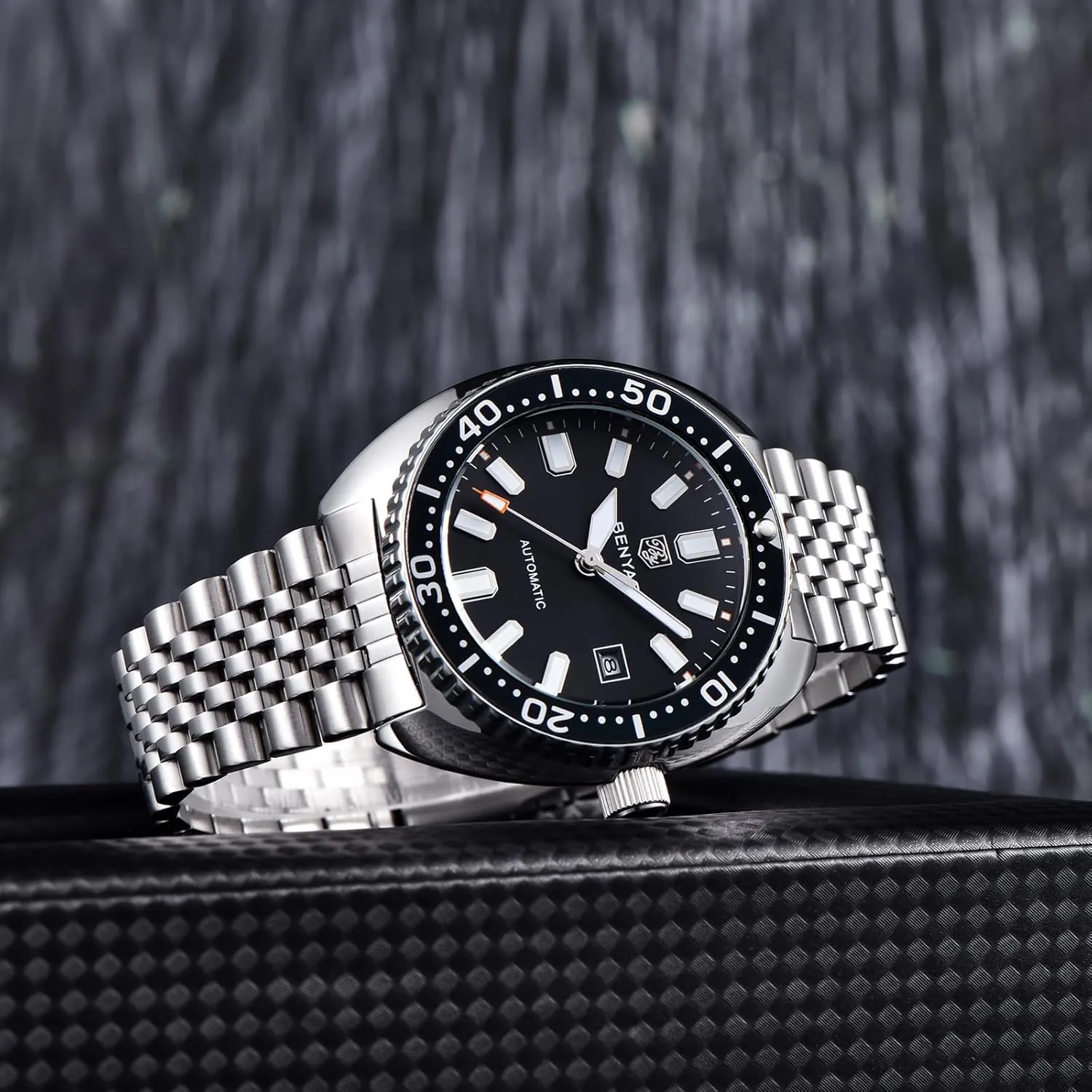Benyar Watches Men Stainless Steel Strap Mechanical Watch 50M Waterproof Calendar Luminous Business Mens Automatic Watch