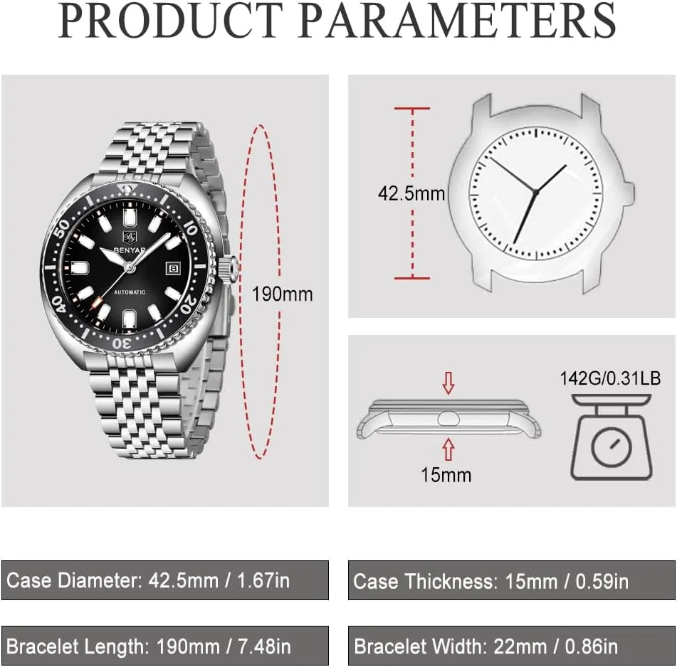 Benyar Watches Men Stainless Steel Strap Mechanical Watch 50M Waterproof Calendar Luminous Business Mens Automatic Watch
