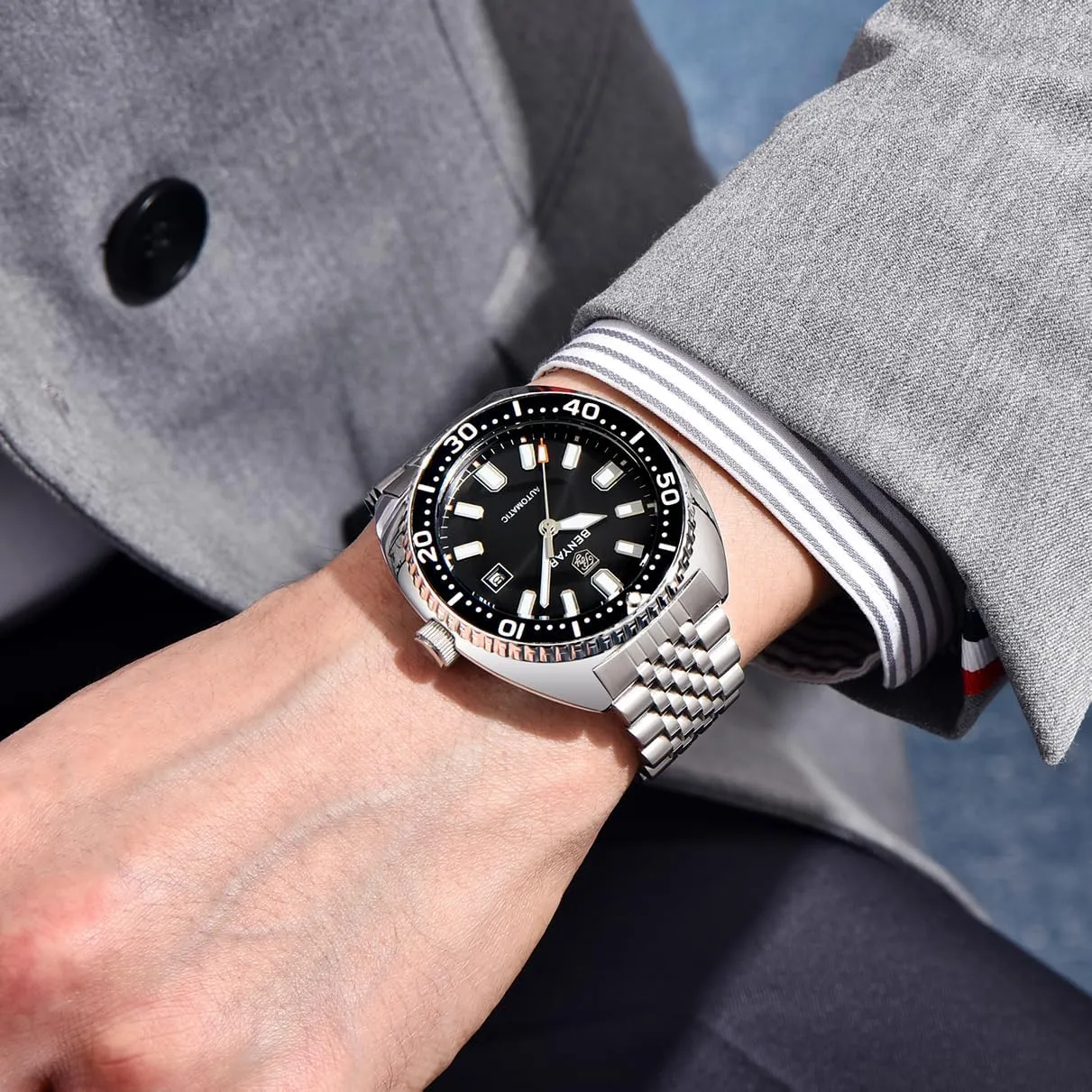 Benyar Watches Men Stainless Steel Strap Mechanical Watch 50M Waterproof Calendar Luminous Business Mens Automatic Watch