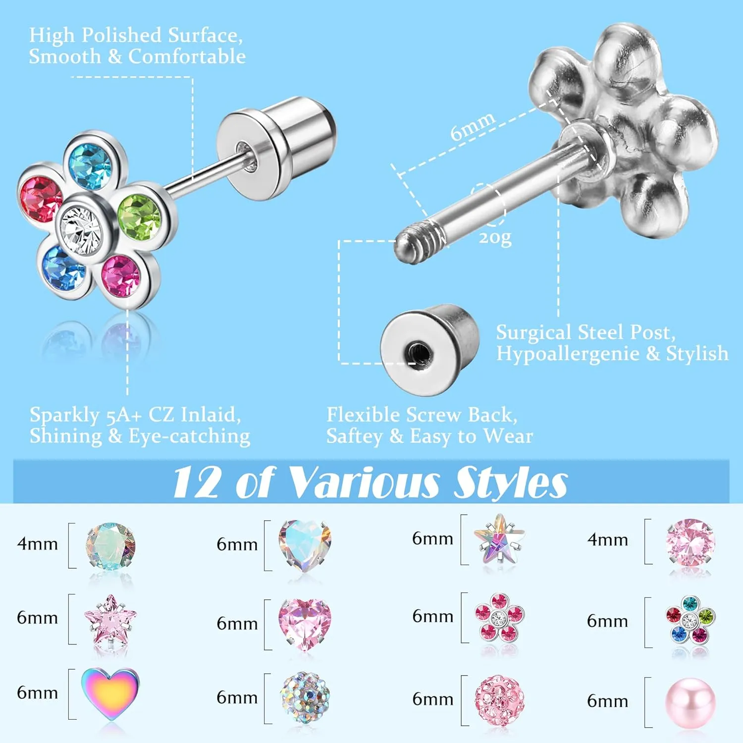 BESTEEL 12 Pairs Hypoallergenic Earrings for Girls Women Stainless Surgical Steel Screw Flat Back Stud Earrings Cute CZ Flower Tiny Screwback Studs Set Toddler Kids Baby 20G