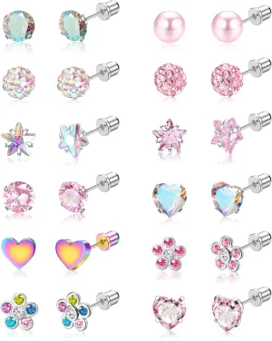 BESTEEL 12 Pairs Hypoallergenic Earrings for Girls Women Stainless Surgical Steel Screw Flat Back Stud Earrings Cute CZ Flower Tiny Screwback Studs Set Toddler Kids Baby 20G