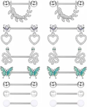 Besteel 7 Pairs Nipple Piercing Jewelry Tongue Rings for Women Men Cute CZ Ball Heart Butterfly Stainless Surgical Steel Straight Barbell Nipplerings Body Jewelry Set 14G
