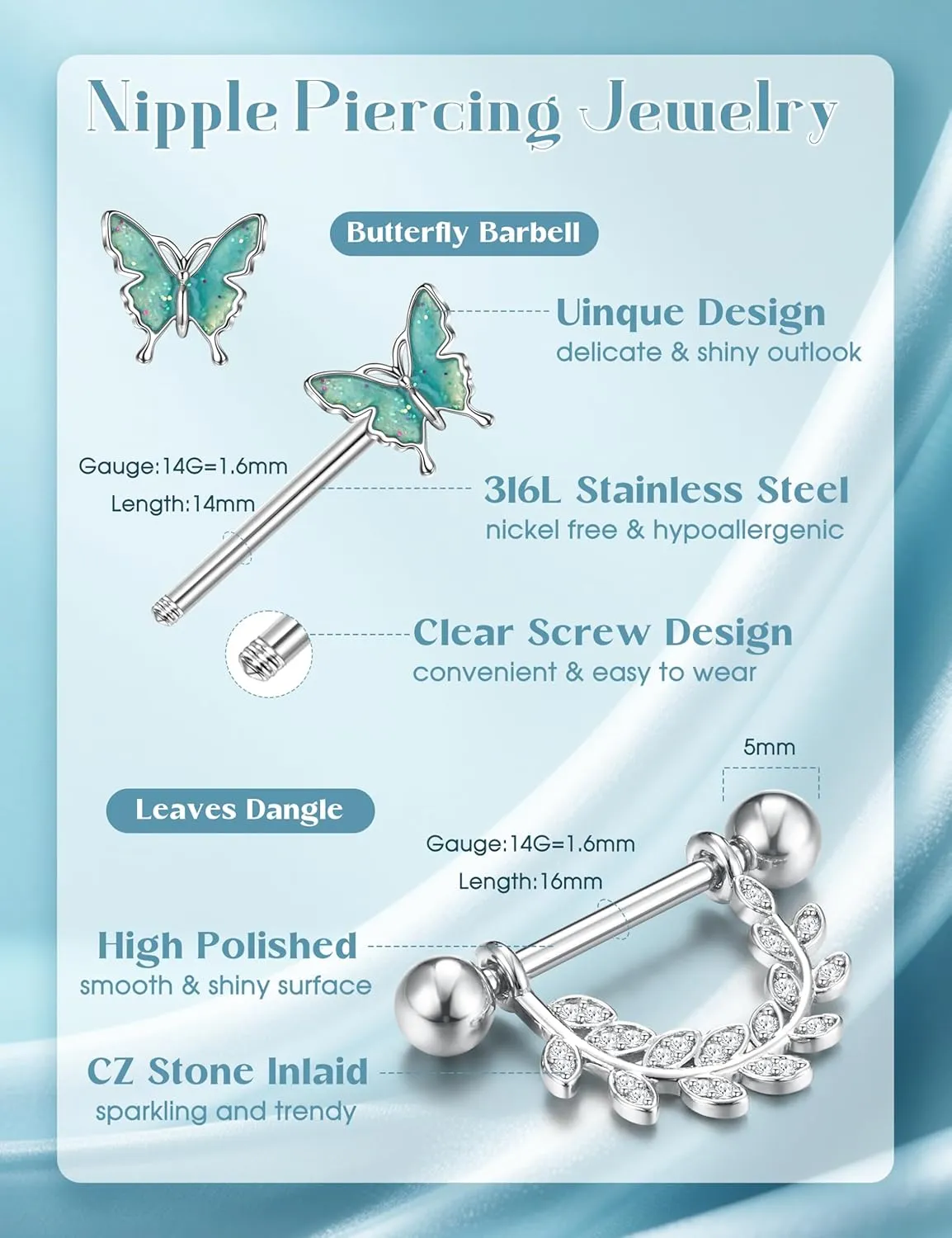 Besteel 7 Pairs Nipple Piercing Jewelry Tongue Rings for Women Men Cute CZ Ball Heart Butterfly Stainless Surgical Steel Straight Barbell Nipplerings Body Jewelry Set 14G
