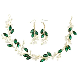 BETITETO Emerald Bridal Hair Vine Piece Pearls Green Crystal Wedding Headpieces Accessories for Women Party