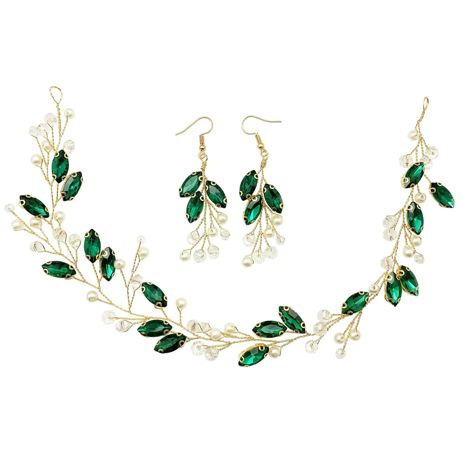 BETITETO Emerald Bridal Hair Vine Piece Pearls Green Crystal Wedding Headpieces Accessories for Women Party