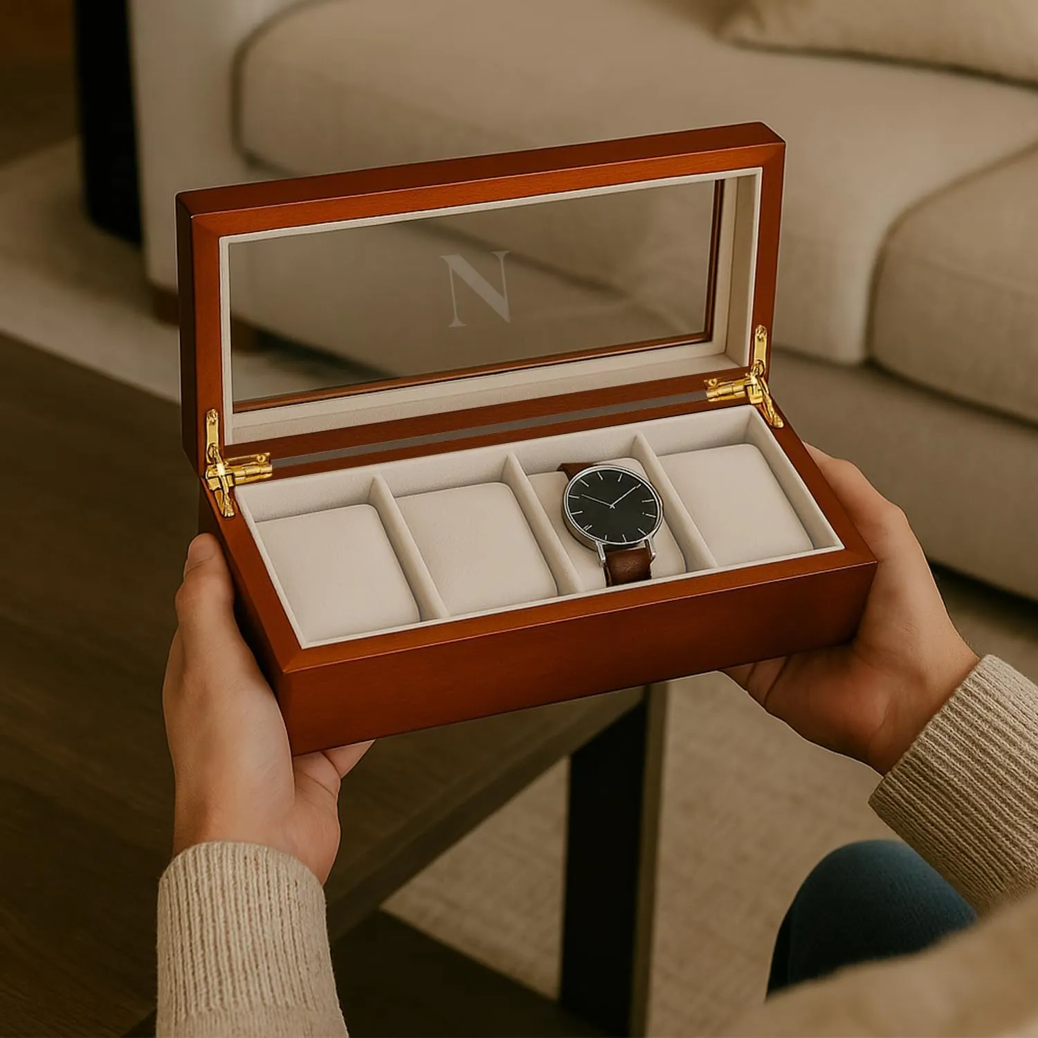Bey-Berk Custom Personalized 1-48 Slot Watch Box Organizer Solid Wood with Glass Display Top