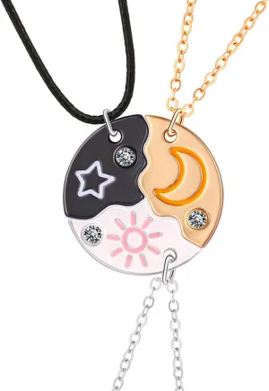 BFF Sun Moon Star Best Friend Forever Necklace 3 Pcs Puzzle Matching Pendant Necklaces Bestie Friendship Necklace Long Distance BFF Necklaces Gift for Friend Unisex