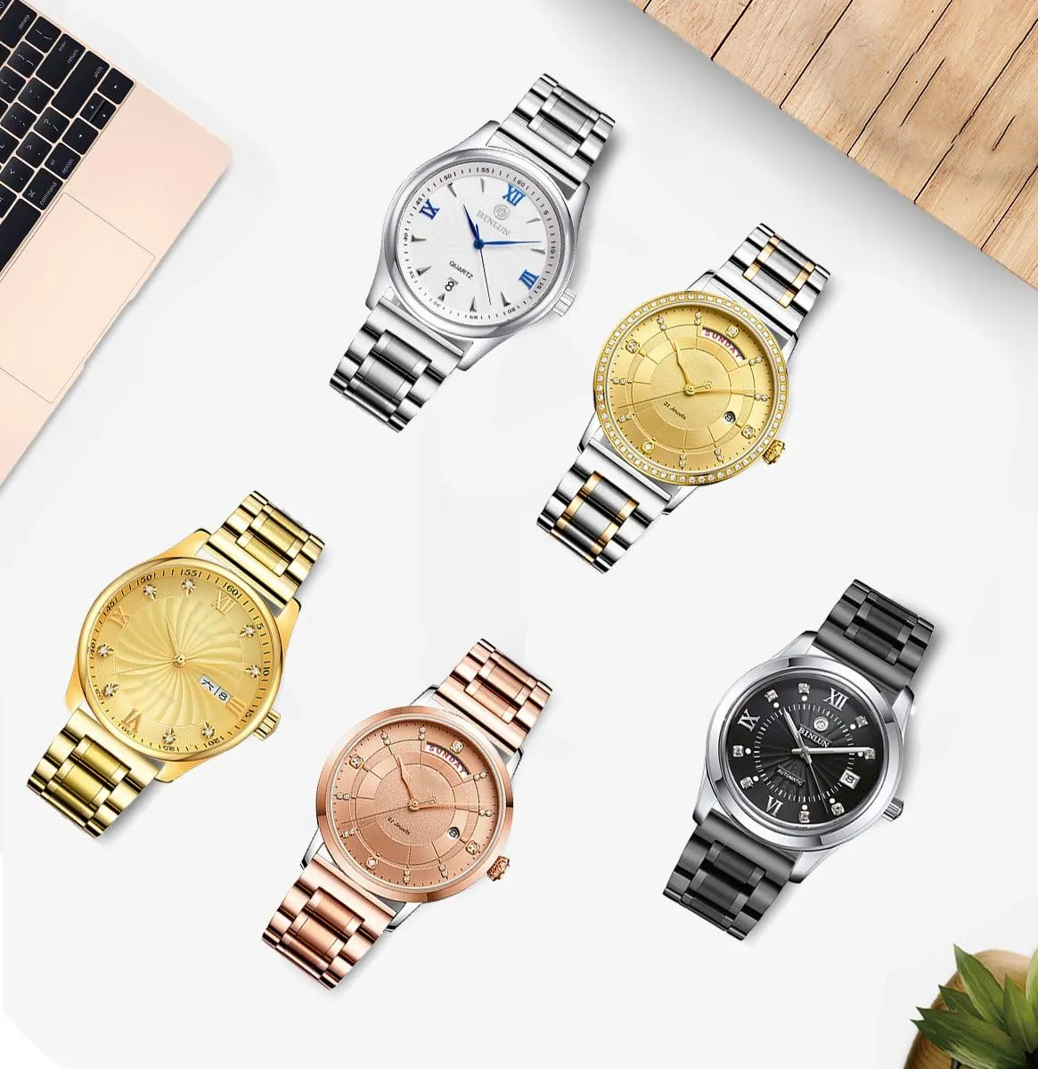 BINLUN Stainless Steel Watch Bands 12mm-24mm Universal Metal Replacement Watch Straps SmartWatch Bracelets Links Straight & Curved Ends Men Women 6 Colors(Silver-Gold,16mm)