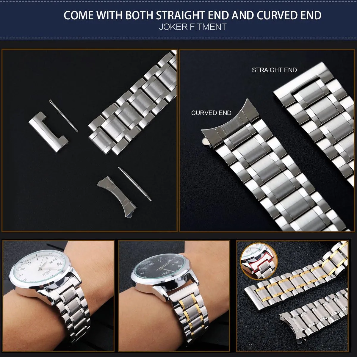 BINLUN Stainless Steel Watch Bands 12mm-24mm Universal Metal Replacement Watch Straps SmartWatch Bracelets Links Straight & Curved Ends Men Women 6 Colors(Silver-Gold,16mm)
