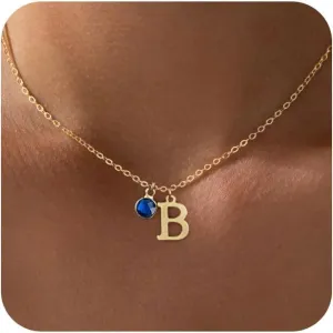 Birthstone Initial Necklace for Women,Dainty 14k Gold Plated Simple A-Z Letter Pendant Necklaces Birthstone Necklaces 12-Months Diamond Necklace Birthday Gifts for Women Friends