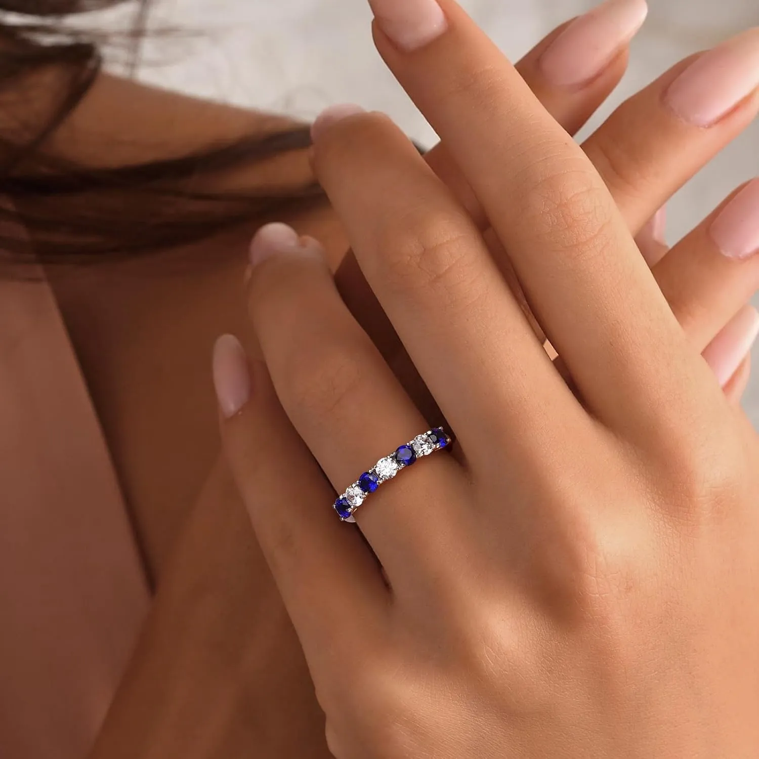 Birthstone Wedding Band Eternity Rings 925 Sterling Silver Rings Stackable Anniversary Engagement Rings Cubic Zirconia Inlaid Created Garnet/Amethyst/Sapphire Ring 7 Stone Ring, Size 6 to 10