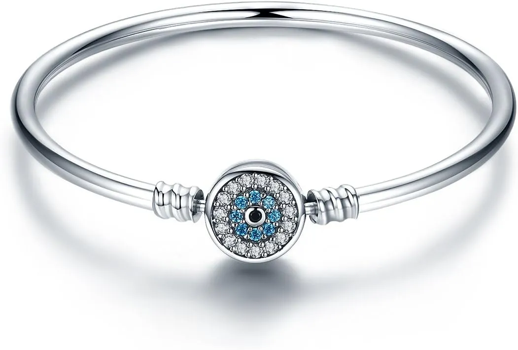 BISAER Evil Eye Bracelet Sterling Silver Clasp Charm Bangle Bracelet for Bead Charms with Sapphire Gemstones Evil Eye Clip Lock Stopper(17/19cm/ 21cm)